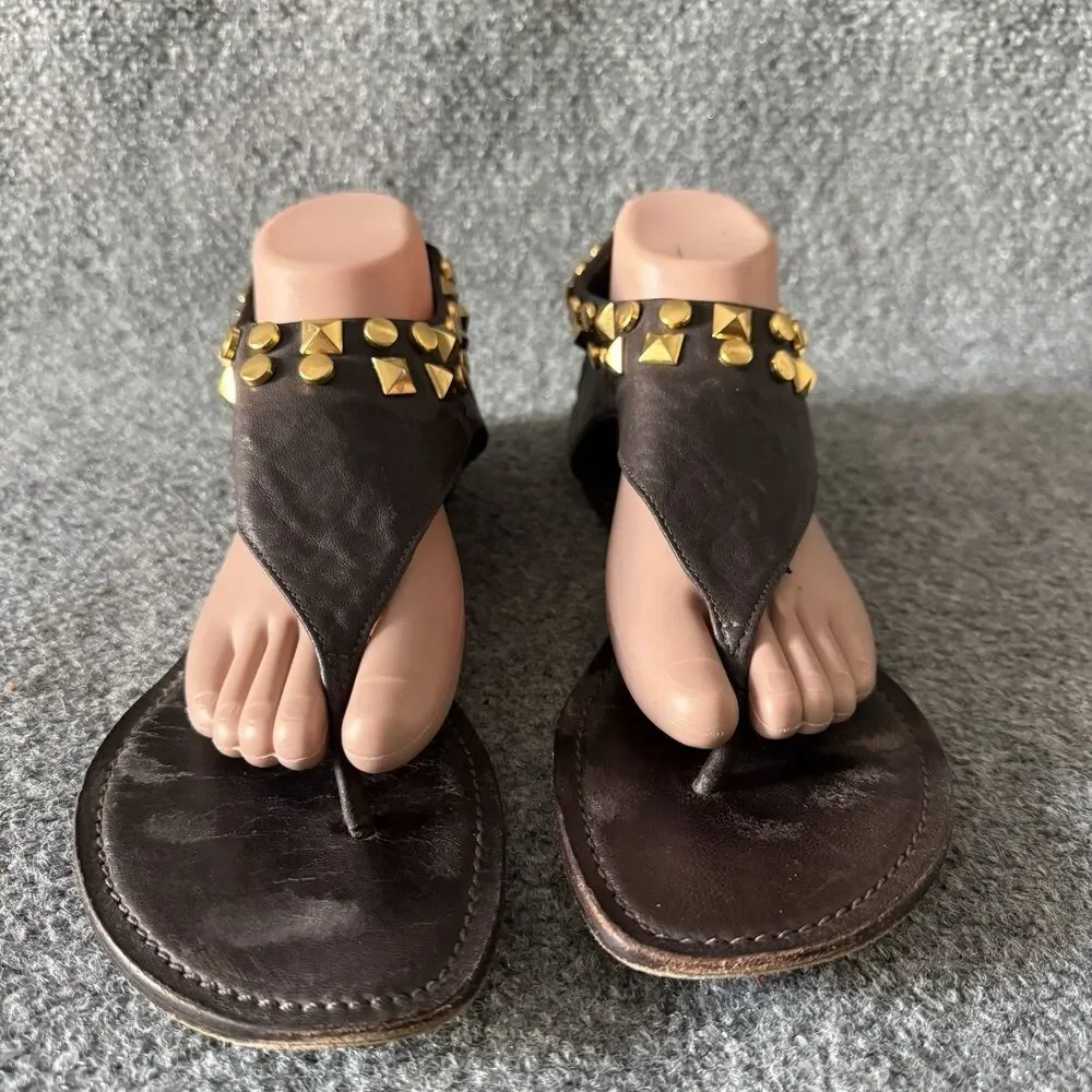 Tory Burch Leather Studded Gladiator Sandal Thong Cuff Ankle Wrap Brown Size 10M